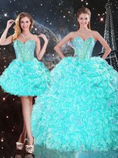 Aqua Blue Two Pieces Strapless Sleeveless Organza Floor Length Lace Up Beading and Ruffles Quinceanera Dress