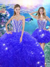 Blue Ball Gowns Organza Sweetheart Sleeveless Beading and Ruffles Floor Length Lace Up Quince Ball Gowns