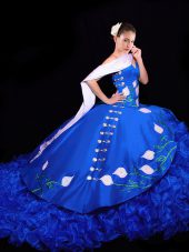 Royal Blue Organza Lace Up Quinceanera Dress Sleeveless Brush Train Embroidery and Ruffles
