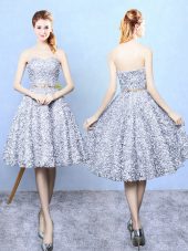 Knee Length A-line Sleeveless Grey Bridesmaid Gown Lace Up