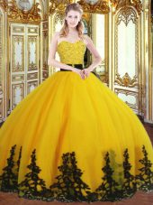 Gold Ball Gowns Beading and Appliques Quinceanera Dresses Zipper Organza Sleeveless Floor Length