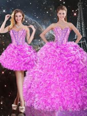 Spectacular Floor Length Three Pieces Sleeveless Fuchsia Vestidos de Quinceanera Lace Up