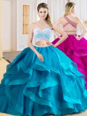 Floor Length Baby Blue 15th Birthday Dress Tulle Sleeveless Beading and Ruffles