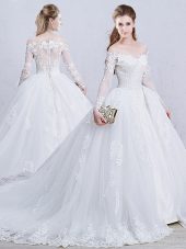 Zipper Wedding Gown White for Wedding Party with Lace and Appliques Brush Train