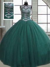 Fitting Dark Green Scoop Neckline Beading Vestidos de Quinceanera Sleeveless Lace Up