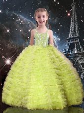 Sleeveless Tulle Floor Length Lace Up Party Dress for Girls in Yellow Green with Beading and Ruffled Layers