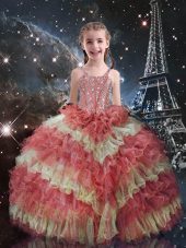 Fashionable Short Sleeves Floor Length Beading and Ruffled Layers Lace Up Little Girls Pageant Dress with Watermelon Red