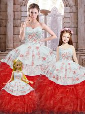 Sleeveless Organza Floor Length Lace Up Ball Gown Prom Dress in White And Red with Beading and Appliques and Ruffles