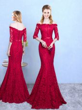 Floor Length Wine Red Bridesmaid Gown Off The Shoulder Half Sleeves Lace Up