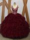 Burgundy Backless V-neck Beading and Ruffles Sweet 16 Quinceanera Dress Organza Sleeveless