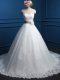 Nice Sleeveless Appliques and Hand Made Flower Lace Up Wedding Dress with White Brush Train