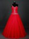 Floor Length Red Prom Dress Tulle Sleeveless Beading
