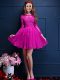 Fuchsia A-line Chiffon Scalloped 3 4 Length Sleeve Beading and Lace and Appliques Mini Length Lace Up Quinceanera Court of Honor Dress
