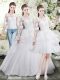 White Wedding Dress Scoop Half Sleeves Brush Train Lace Up