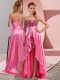 Rose Pink Empire Beading and Sequins and Ruching Dress for Prom Zipper Elastic Woven Satin Sleeveless High Low