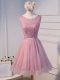 Best Selling Pink A-line Scoop Sleeveless Tulle Mini Length Lace Up Beading and Belt Prom Dress
