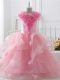 Sweet High-neck Sleeveless Kids Formal Wear Floor Length Ruffles and Hand Made Flower Baby Pink Tulle