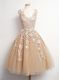 Brown A-line Tulle V-neck Sleeveless Appliques Knee Length Lace Up Dama Dress