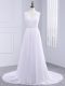 White Chiffon Backless Wedding Gown Sleeveless Brush Train Beading and Ruching