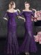 Luxury Mermaid Off the Shoulder Eggplant Purple Lace Up Mother Dresses Lace Half Sleeves Floor Length