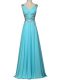 Aqua Blue V-neck Zipper Beading and Ruching Prom Gown Sleeveless