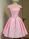 Admirable Pink A-line Off The Shoulder Cap Sleeves Taffeta Knee Length Lace Up Belt Bridesmaid Dress