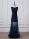 Flare Sleeveless Floor Length Lace and Appliques Lace Up Mother of the Bride Dress with Navy Blue