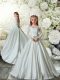 Taffeta Long Sleeves Flower Girl Dress Brush Train and Lace