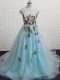 Appliques Dress for Prom Aqua Blue Backless Sleeveless Brush Train