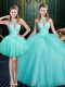 Custom Designed Aqua Blue Tulle Lace Up Quinceanera Gowns Sleeveless Floor Length Beading and Pick Ups
