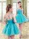 Traditional Aqua Blue Organza Zipper One Shoulder Sleeveless Mini Length Prom Gown Beading