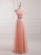 Dynamic Tulle and Lace V-neck Short Sleeves Lace Up Beading and Lace and Appliques Mother of Groom Dress in Peach