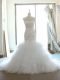 Strapless Sleeveless Wedding Gowns Brush Train Beading and Ruffles White Tulle
