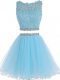 Aqua Blue Two Pieces Beading and Lace and Appliques Prom Party Dress Zipper Tulle Sleeveless Mini Length