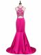 V-neck Sleeveless Brush Train Backless Celebrity Evening Dresses Hot Pink Elastic Woven Satin