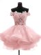 Pink Taffeta Zipper Prom Dresses Sleeveless Mini Length Lace and Appliques and Ruffles