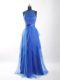 High Quality Blue Scoop Neckline Beading and Ruffled Layers and Belt Sleeveless Zipper