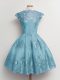 Customized Knee Length A-line Cap Sleeves Aqua Blue Dama Dress Lace Up