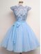 High Quality Chiffon Scalloped Cap Sleeves Lace Up Lace and Belt Bridesmaid Gown in Blue