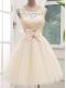 Champagne Sleeveless Knee Length Lace and Bowknot Lace Up Bridesmaid Dress