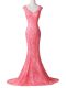 Affordable Watermelon Red V-neck Backless Lace Prom Gown Brush Train Cap Sleeves