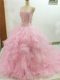 Baby Pink Ball Gowns Sweetheart Sleeveless Organza Brush Train Lace Up Beading and Ruffles Sweet 16 Dresses