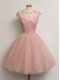 Knee Length Peach Court Dresses for Sweet 16 Tulle Cap Sleeves Lace