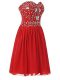 Red Zipper Pageant Dress for Womens Beading Sleeveless Knee Length