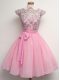 Cap Sleeves Lace Up Knee Length Lace and Belt Dama Dress for Quinceanera