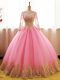 Super Scoop Long Sleeves Lace Up 15 Quinceanera Dress Pink Organza