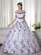 Cute Floor Length White Quinceanera Gown Off The Shoulder Short Sleeves Lace Up