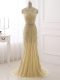 Hot Selling Sleeveless Chiffon Brush Train Zipper Prom Dresses in Champagne with Beading and Belt
