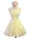 Scoop Sleeveless Quinceanera Court Dresses Knee Length Belt Yellow Lace