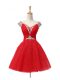 Glittering Mini Length A-line Cap Sleeves Red Prom Dress Lace Up